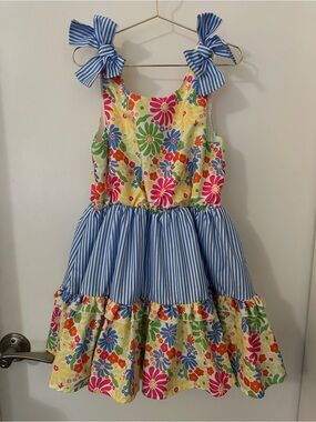 Peek Kids Floral & blue striped dress with bows Sz 8. Nordstrom